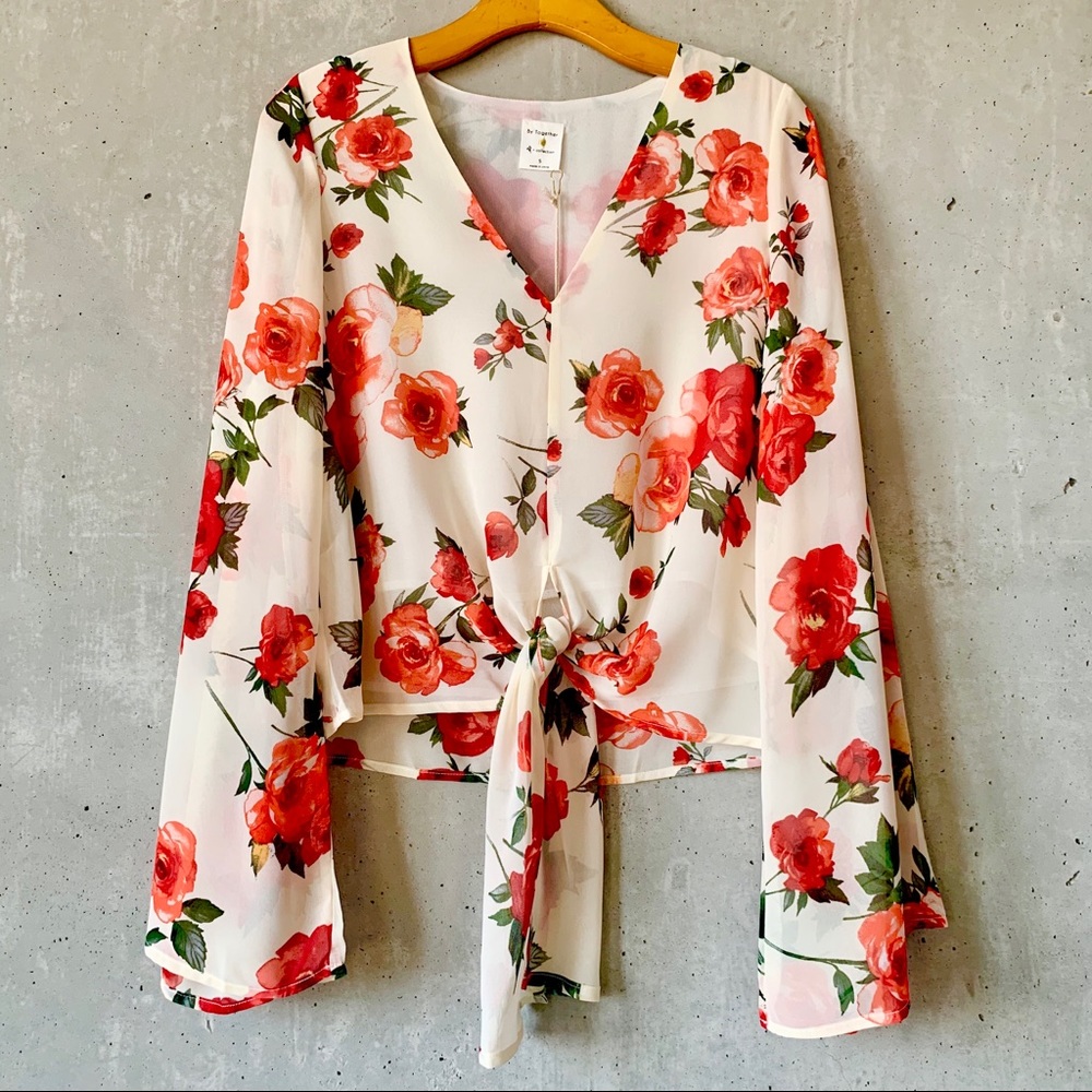 Rarest Rose Bell Sleeve Floral Tie Boho Blouse